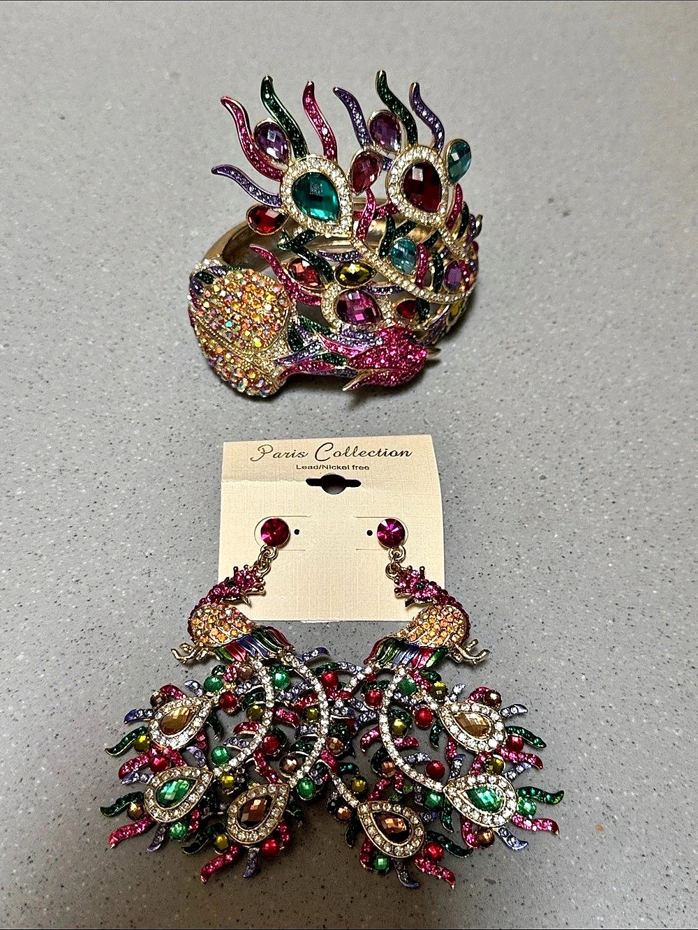 Paris Collection Peacock Multicolor Rhinestone Bracelet & Earrings Set
